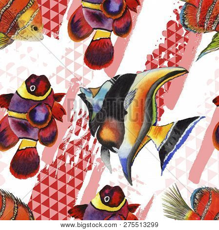 Watercolor Aquatic Underwater Colorful Tropical Fish Illustration Set. Seamless Background Pattern.