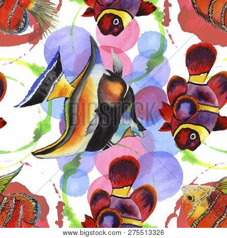 Watercolor Aquatic Underwater Colorful Tropical Fish Illustration Set. Seamless Background Pattern.