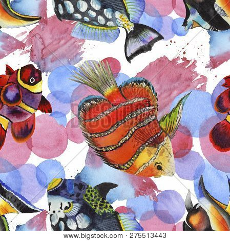 Watercolor Aquatic Underwater Colorful Tropical Fish Illustration Set. Seamless Background Pattern.