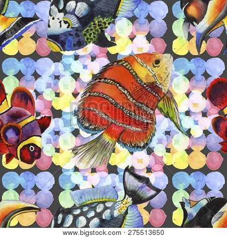 Watercolor Aquatic Underwater Colorful Tropical Fish Illustration Set. Seamless Background Pattern.
