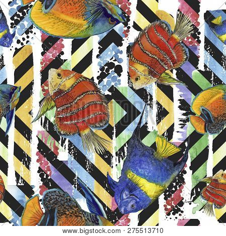 Watercolor Aquatic Underwater Colorful Tropical Fish Illustration Set. Seamless Background Pattern.
