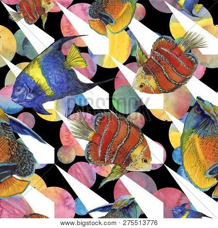 Watercolor Aquatic Underwater Colorful Tropical Fish Illustration Set. Seamless Background Pattern.