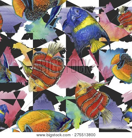Watercolor Aquatic Underwater Colorful Tropical Fish Illustration Set. Seamless Background Pattern.
