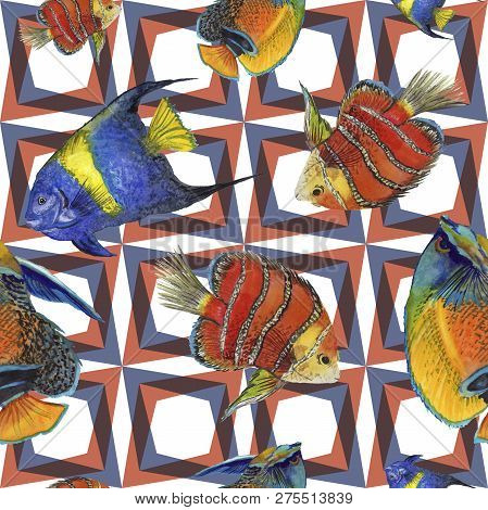Watercolor Aquatic Underwater Colorful Tropical Fish Illustration Set. Seamless Background Pattern.