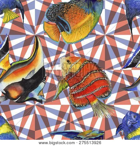 Watercolor Aquatic Underwater Colorful Tropical Fish Illustration Set. Seamless Background Pattern.