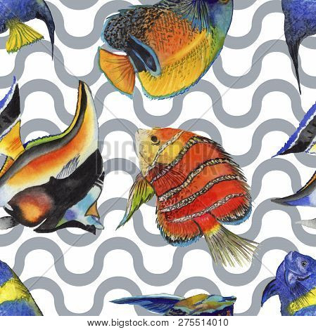 Watercolor Aquatic Underwater Colorful Tropical Fish Illustration Set. Seamless Background Pattern.