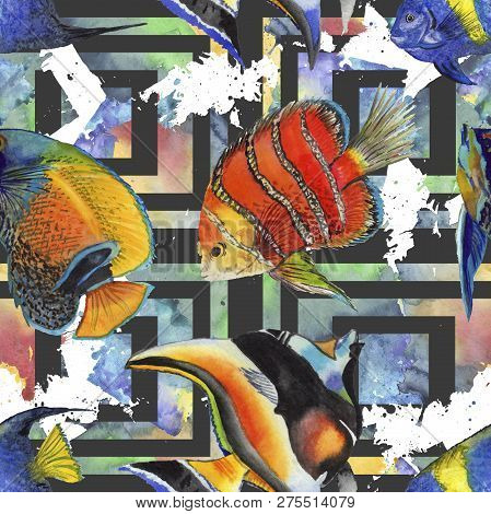 Watercolor Aquatic Underwater Colorful Tropical Fish Illustration Set. Seamless Background Pattern.