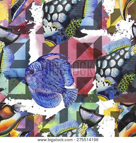 Watercolor Aquatic Underwater Colorful Tropical Fish Illustration Set. Seamless Background Pattern.