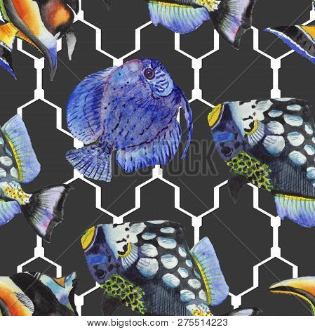 Watercolor Aquatic Underwater Colorful Tropical Fish Illustration Set. Seamless Background Pattern.