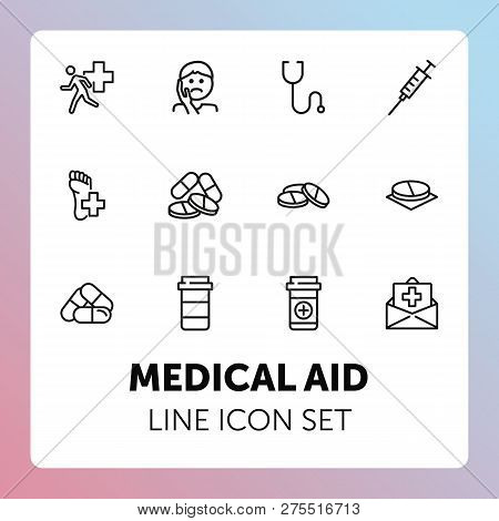 Medical Aid Line Icon Set. Stethoscope, Syringe, Pills. Medicine Concept. Can Be Used For Topics Lik