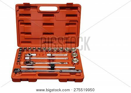 Set Of Chrome Heads And Holders In A Red Box Isolated On White Background