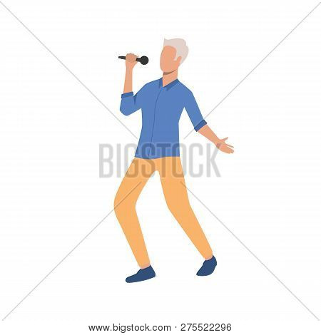 Man With Mic Performing On Stage Flat Icon. Singer, Comic, Microphone. Show Concept. Vector Illustra