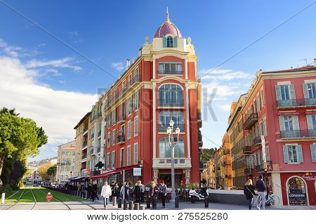Nice, France - December 14 2018: Place Massena And La Promenade Du Paillon Park In Center Of Nice, P