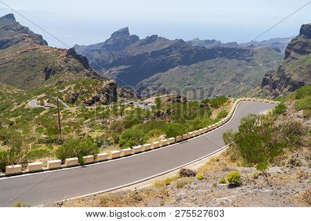 View Of The Macizo De Teno Mountains, Masca Gorge And Mountain Road To The Village Of Maska. Tenerif
