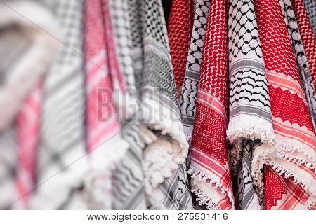 Kufiya Man's Head Scarf Popular In The Arab Countries. Selective Focus.
