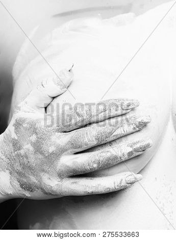 Topless Woman Body Covering Her Sexy Breast With Hand Smeared In Golden Glister And White Pain