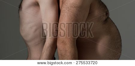 Fat And Slim Male Torsos. Flat And Big Bellies. Healthy And Unhealthy. Fit And Fatty. Diet And Over 