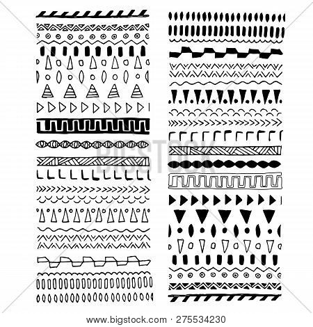 Collection Of Hand Drawn Monogram Borders In Ethnic Style. Aztec Art Dividers, Ornament Design Eleme