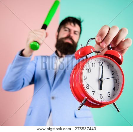 Discipline And Sanctions. Boss Aggressive Face Hold Alarm Clock. Destroy Or Turn Off. Man Suit Hold 