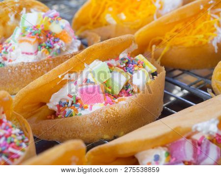 Thai Crispy Pancake At Thailand Is Famous Dessert On Street Food Market In Thailand. It Is Called As