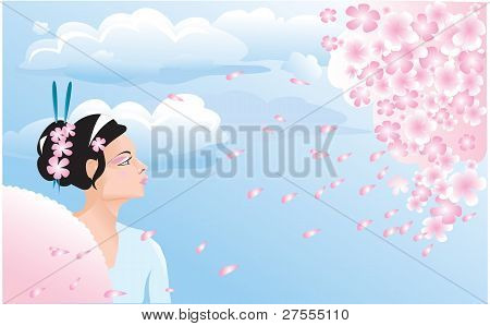 Sakura blossom és japán lány (gésa)