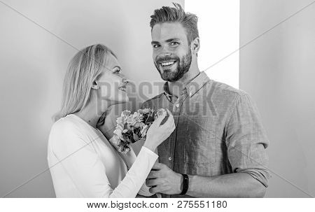 They Are As Beautiful As You Boyfriend Bring Bouquet Flowers To Surprise Her. Romantic Gift Concept.