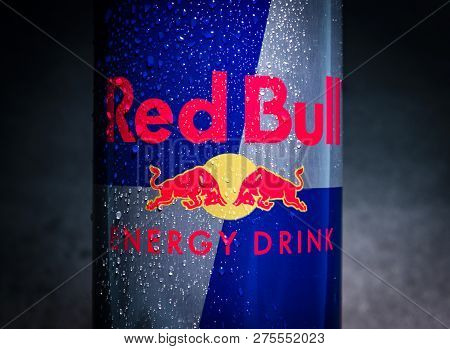 Sankt-petersburg, Russia - December 25, 2018: Aluminum Can Of Redbull Drink With Water Drops Over Da