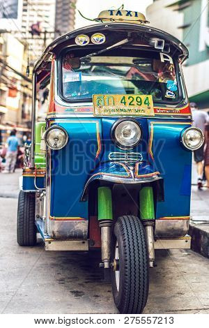 Bangkok, Thailand - February 2, 2018: Tuk Tuk Moto Taxi In Bangkok.