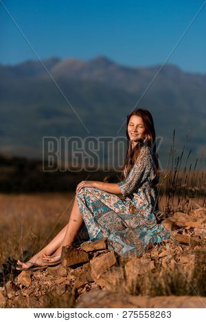 Amaizing Sexy Young Girl Sit In Field In Mountain Smiling