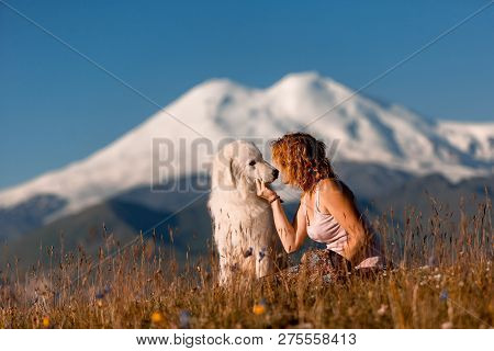 Beautiful Women Kiss Cool White Dog Morema Sit On Grass In Mountain