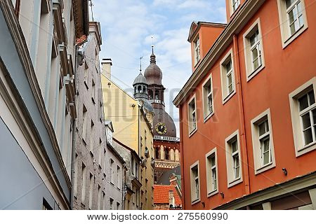 View From Kramu Street To The Old Buildings And Top View Of Riga Cathedral, Old Town, Riga, Latvia