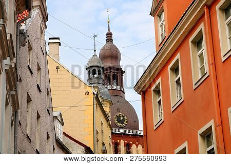 View From Kramu Street To The Old Buildings And Top View Of Riga Cathedral, Old Town, Riga, Latvia