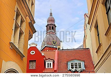 View From Kramu Street To The Old Buildings And Top View Of Riga Cathedral, Old Town, Riga, Latvia