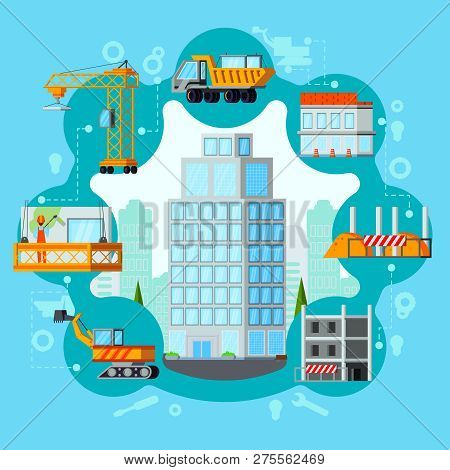Sky Scraper Building Process From Excavation To Ready House Flat Round Composition On Blue Backgroun