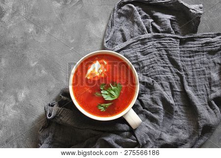 Traditional Ukrainian Russian Borscht . Bowl Of Red Beet Root Soup Borsch With White Cream On Gray R