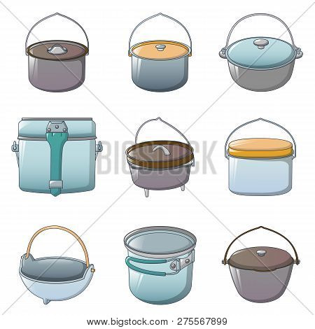 Cauldron Pot Kettle Halloween Icons Set. Cartoon Illustration Of 9 Cauldron Pot Kettle Halloween Ico