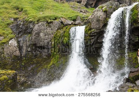 Klifbrekkufossar Falls In Summer Season View, Iceland. Icelandic Landscape.