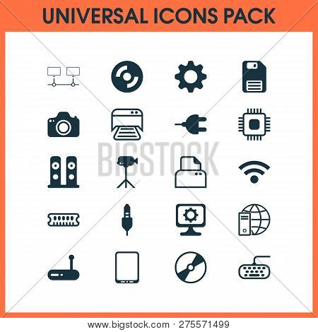 Hardware Icons Set With Global Connection, Audio Cable, Video Camera And Other Aux Cord Elements. Is