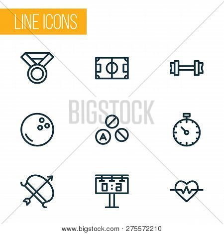 Activity Icons Line Style Set With Score Display, Fitness, Football Field And Other Kegling Elements