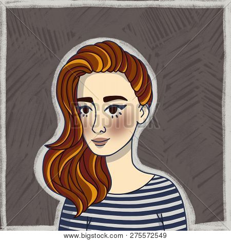 Portrait Of Red-haired Girl In A Striped T-shirt On A Gray Background