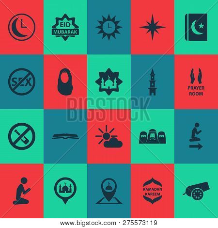 Ramadan Icons Set With Mussulmans, Islam Book, Azan And Other No Alcohol  Elements. Isolated Vector 