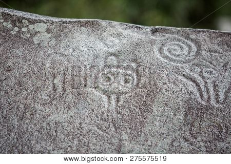 Ancient Carved Figures On Stones In Jayuya Puerto Rico