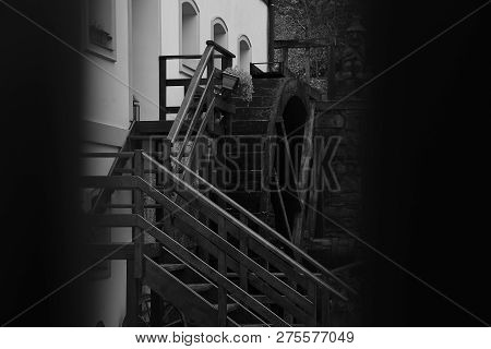 Oparno, Czech Republic - December 19, 2018:  Mill Wheel In Oparenske Udoli Valley In Forest In Czech