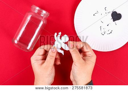 Diy Fairy Jar On Red Background. Gift Ideas, Decor February 14, St Valentines Day, Love. Handmade La