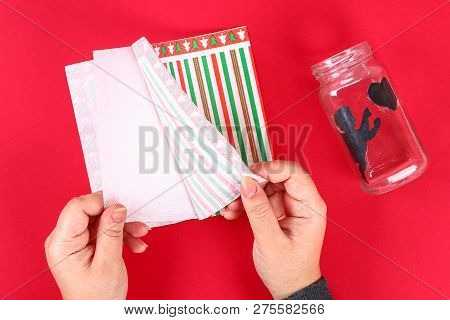 Diy Fairy Jar On Red Background. Gift Ideas, Decor February 14, St Valentines Day, Love. Handmade La
