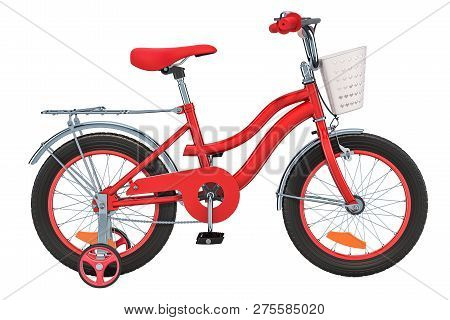 Kids Bicycle With Training Wheels And Basket, Red Color. 3d Rendering Isolated On White Background