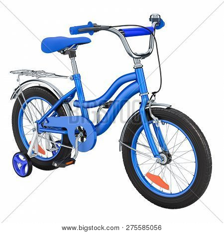 Kids Bicycle For Boys With Training Wheels, Blue Color. 3d Rendering Isolated On White Background