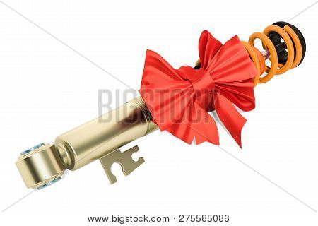 Shock Absorber Wrapped Ribbon And Bow, Gift Concept. 3d Rendering  Isolated On White Background
