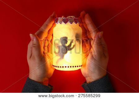 Diy Fairy Jar On Red Background. Gift Ideas, Decor February 14, St Valentines Day, Love. Handmade La