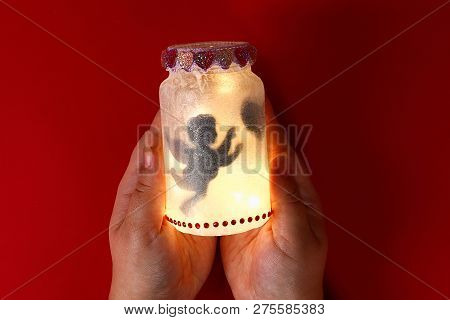 Diy Fairy Jar On Red Background. Gift Ideas, Decor February 14, St Valentines Day, Love. Handmade La